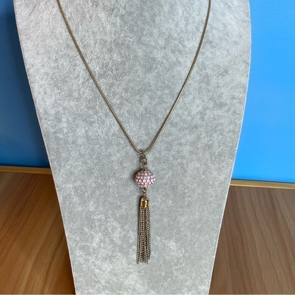 Extra long gold tone necklace pink jeweled ball pendant tassel snake chain
